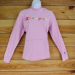 Champion Sweatshirt Hoodie Colorful Logo Womens Size S Pink‎ Pockets 100% Cotton
